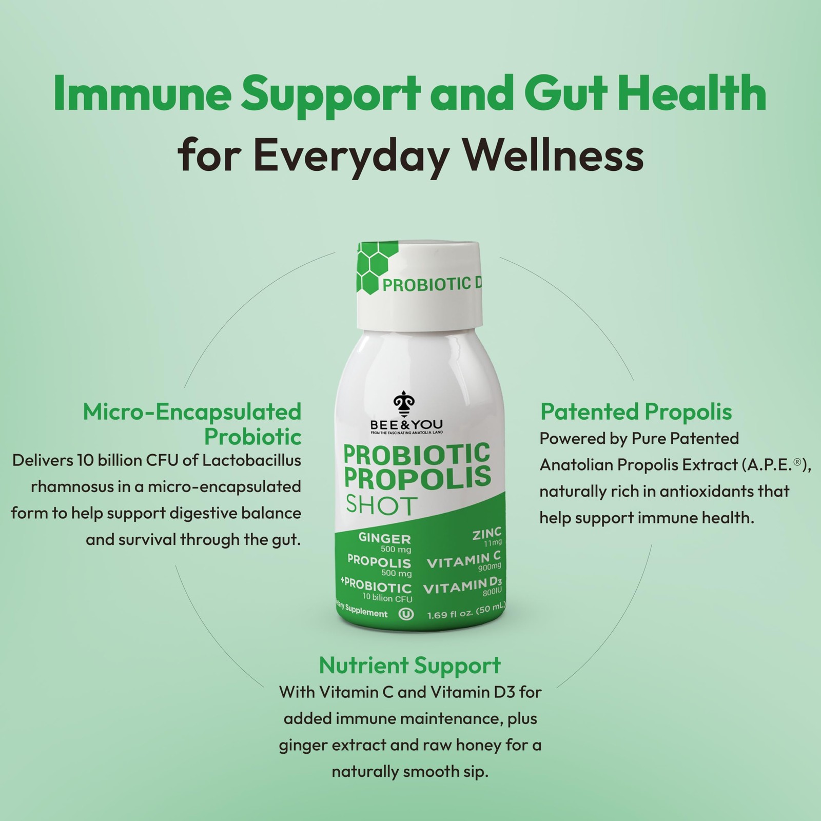 Bee and You Propolis Immune Shot, Probiotic, Vitamin 0.14 Fl Oz (Pack of 12)