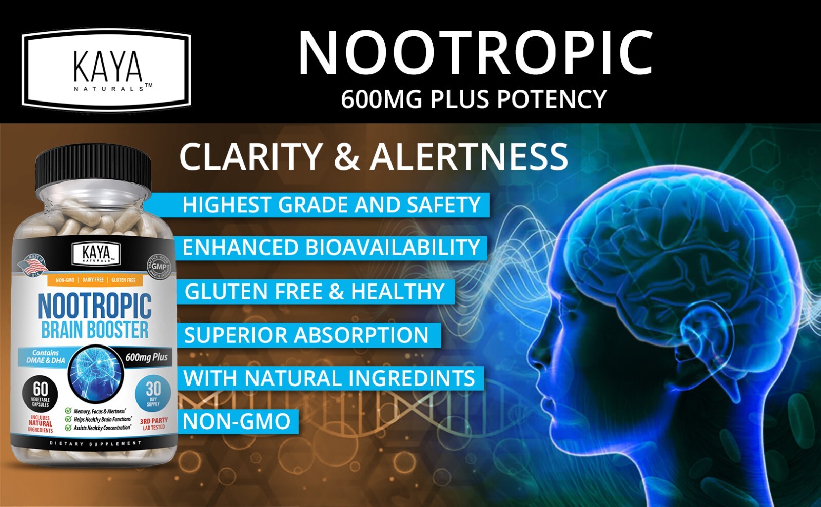 Nootropic Brain Booster 60ct, Healthy Brain Memory Support, Nootropic Supplement