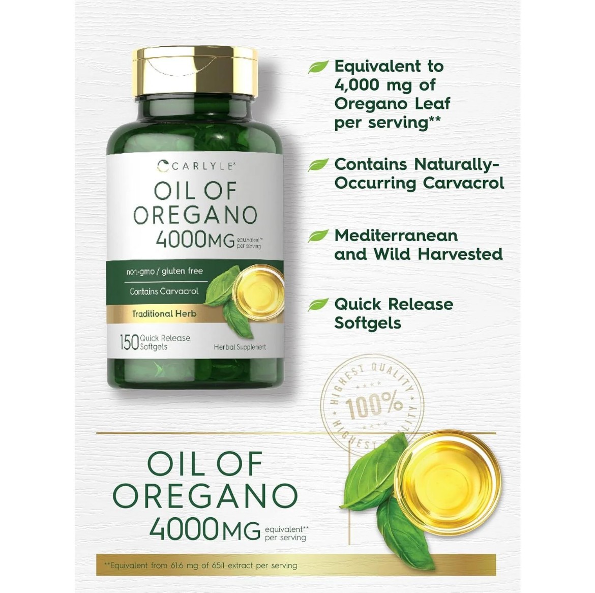 Carlyle Oregano Oil 4000Mg Supplement | 150 Softgel Capsules | Contain