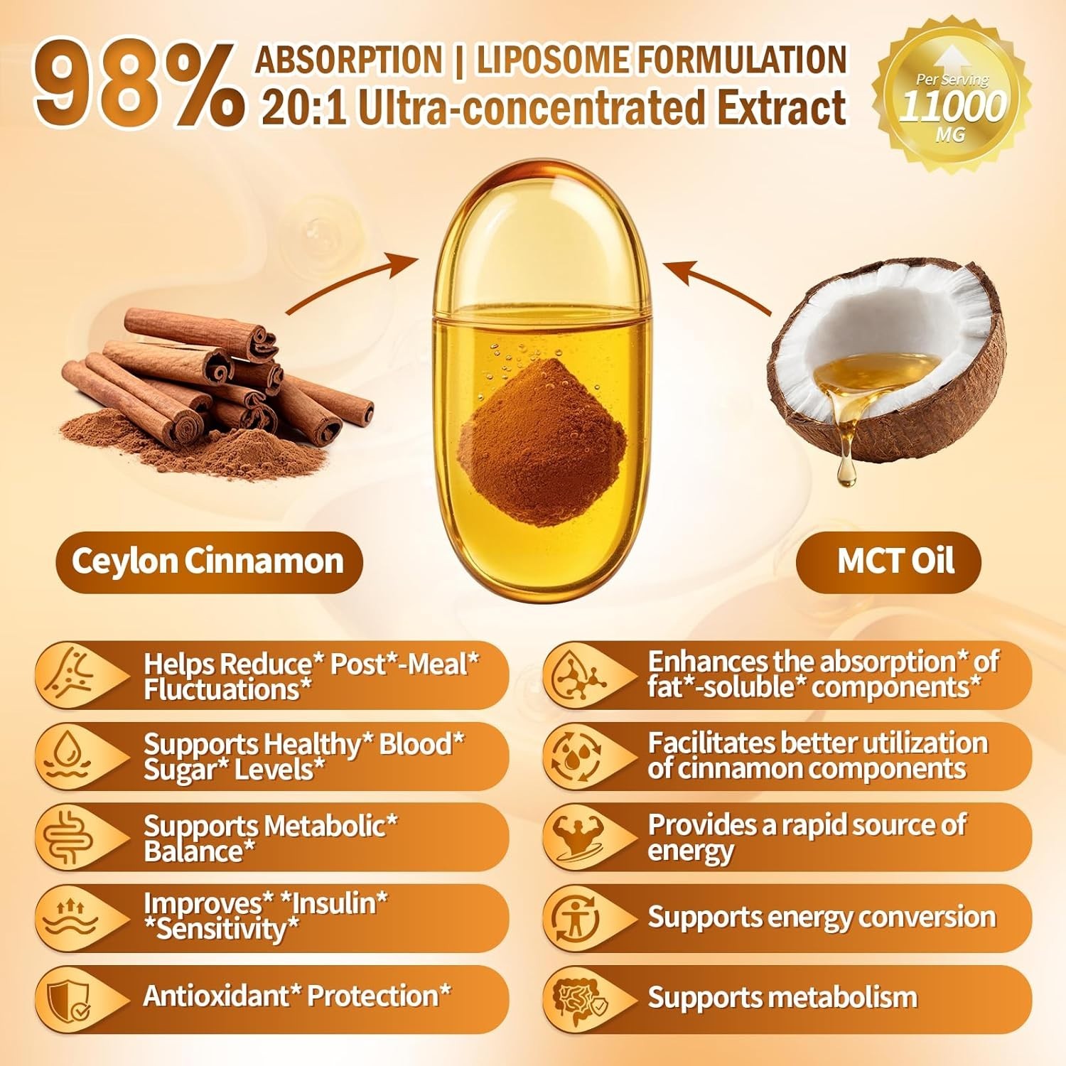 120 Count Bioavailable Ceylon Cinnamon & MCT Oil Softgels for Metabolism Boost
