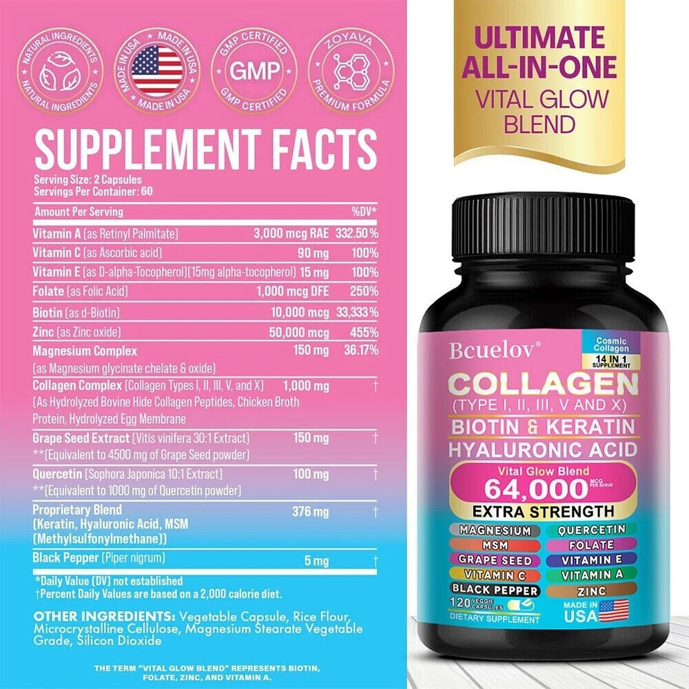 Zoyava 14 in 1 Multi Collagen Capsules, Biotin Keratin Hyaluronic Acid, 90 Capsu