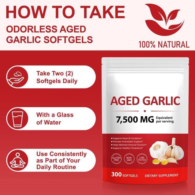 Odorless Garlic 7500Mg per Servings, 300 Softgels | 2 Years Aged Garlic Extra..