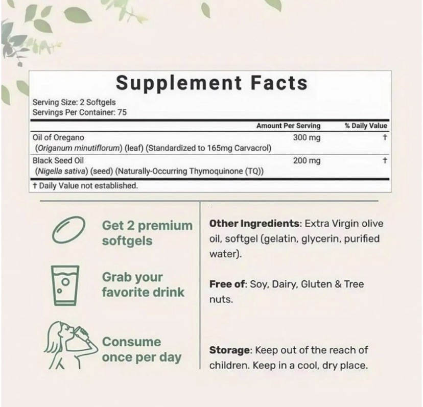 2 in 1 Oil of Oregano & Black Seed Softgels Count,Immune Support,with Carvacrol