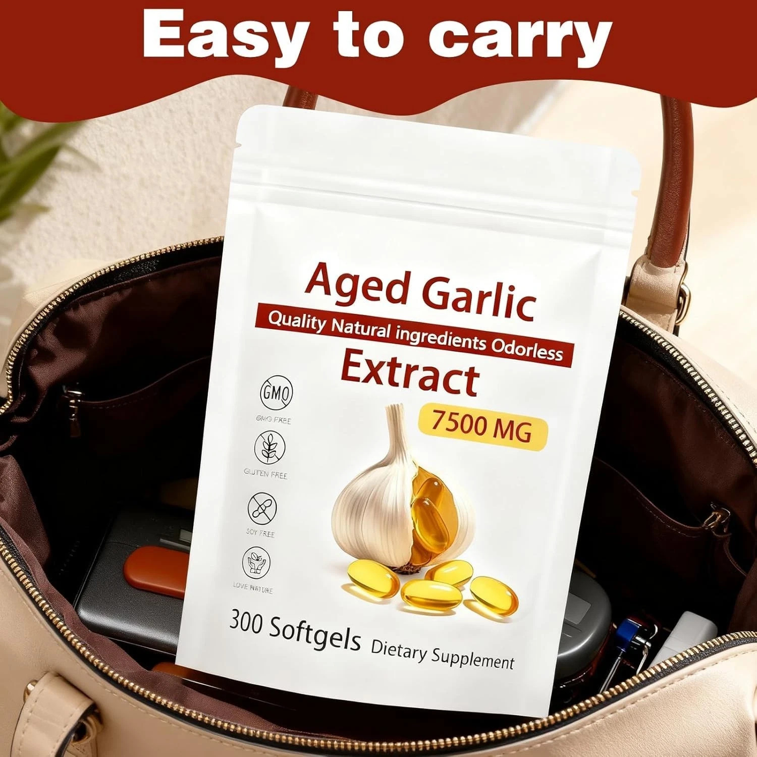 Odorless Garlic 7500mg Per Servings, 300 Softgels | 2 Years Aged Garlic Extra