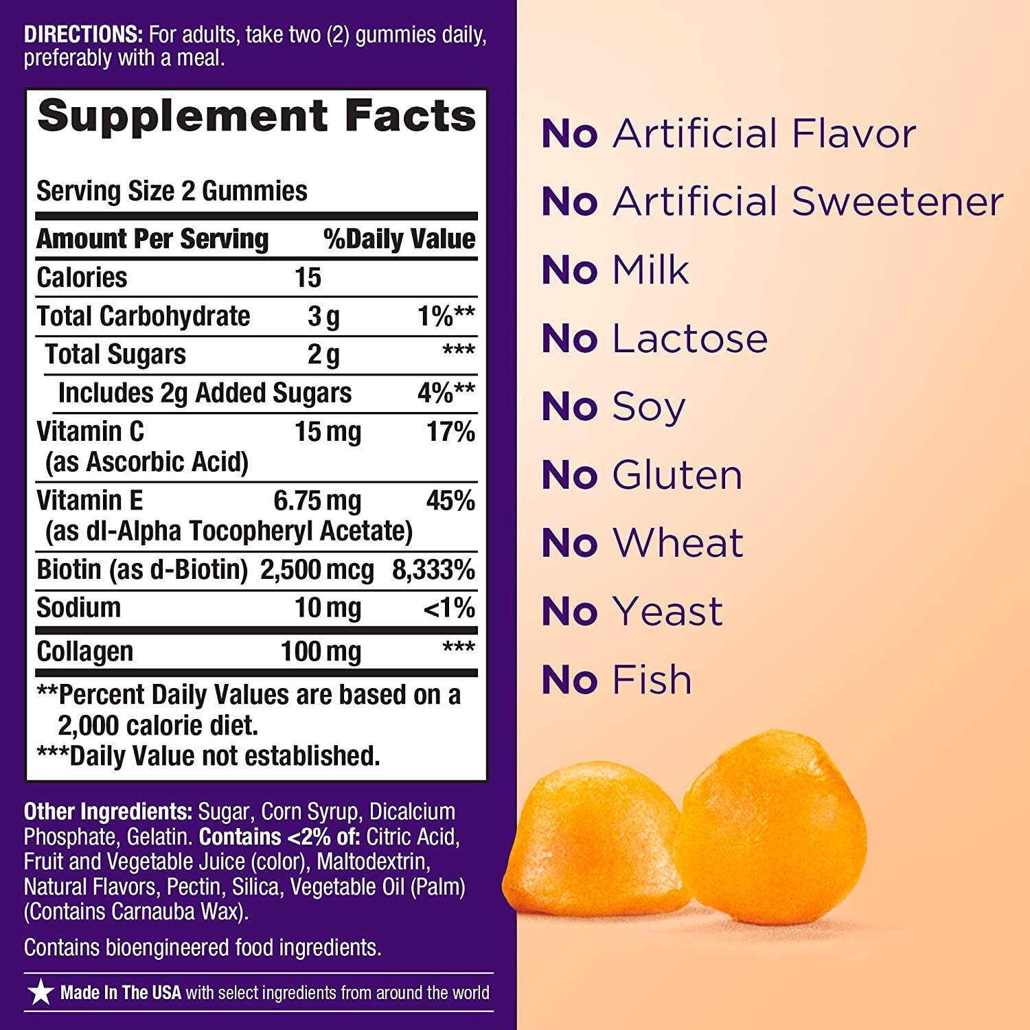 3 Pack Hair, Skin & Nails Gummies with Biotin & Collagen 240 Count (3×80) Orange