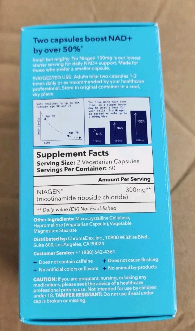 Tru Niagen Nicotinamide Riboside Chloride 300 mg 120 Vegetarian Capsules 02/28