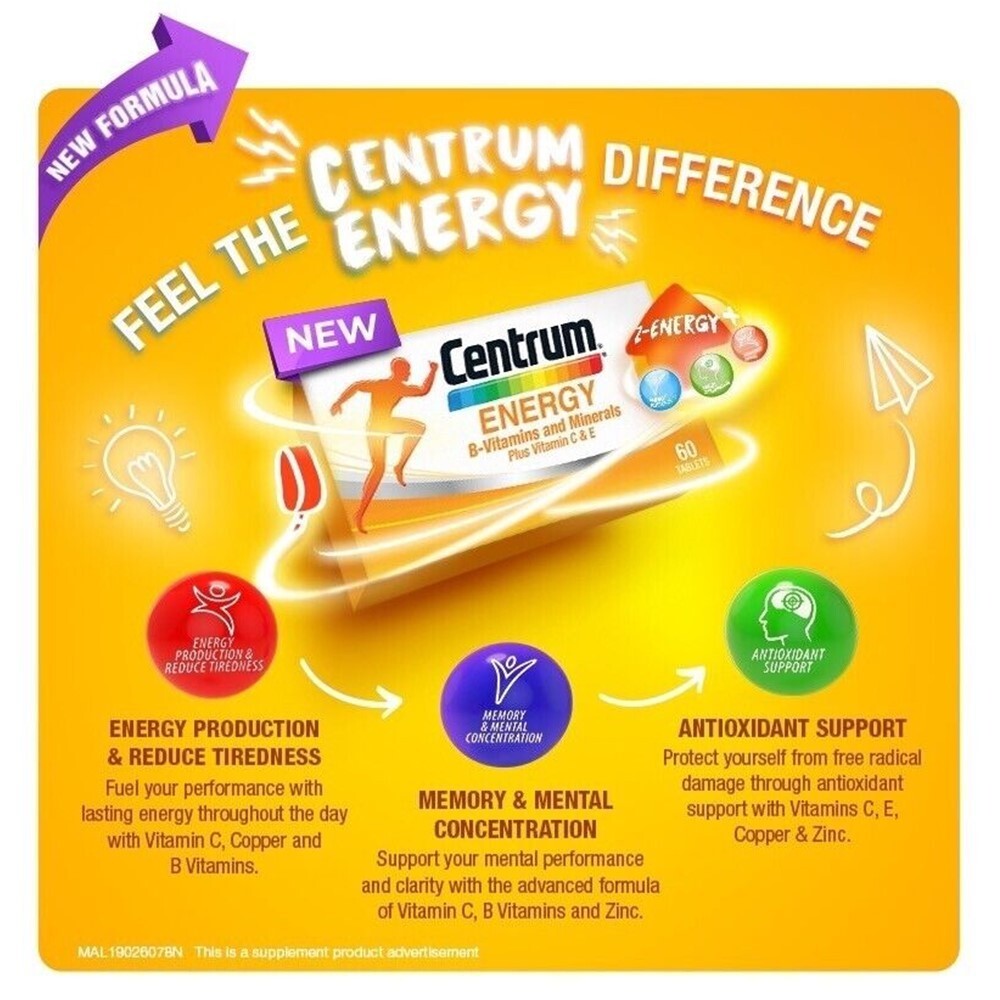 3 Boxes Centrum Energy Booster B-Vitamins Vitamin C & E Lutein and Lycopene
