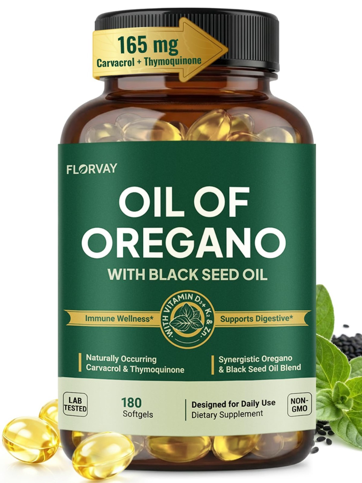 5-in-1 Immune Support Softgels – Oregano & Black Seed Oil, 180 Non-GMO Capsules