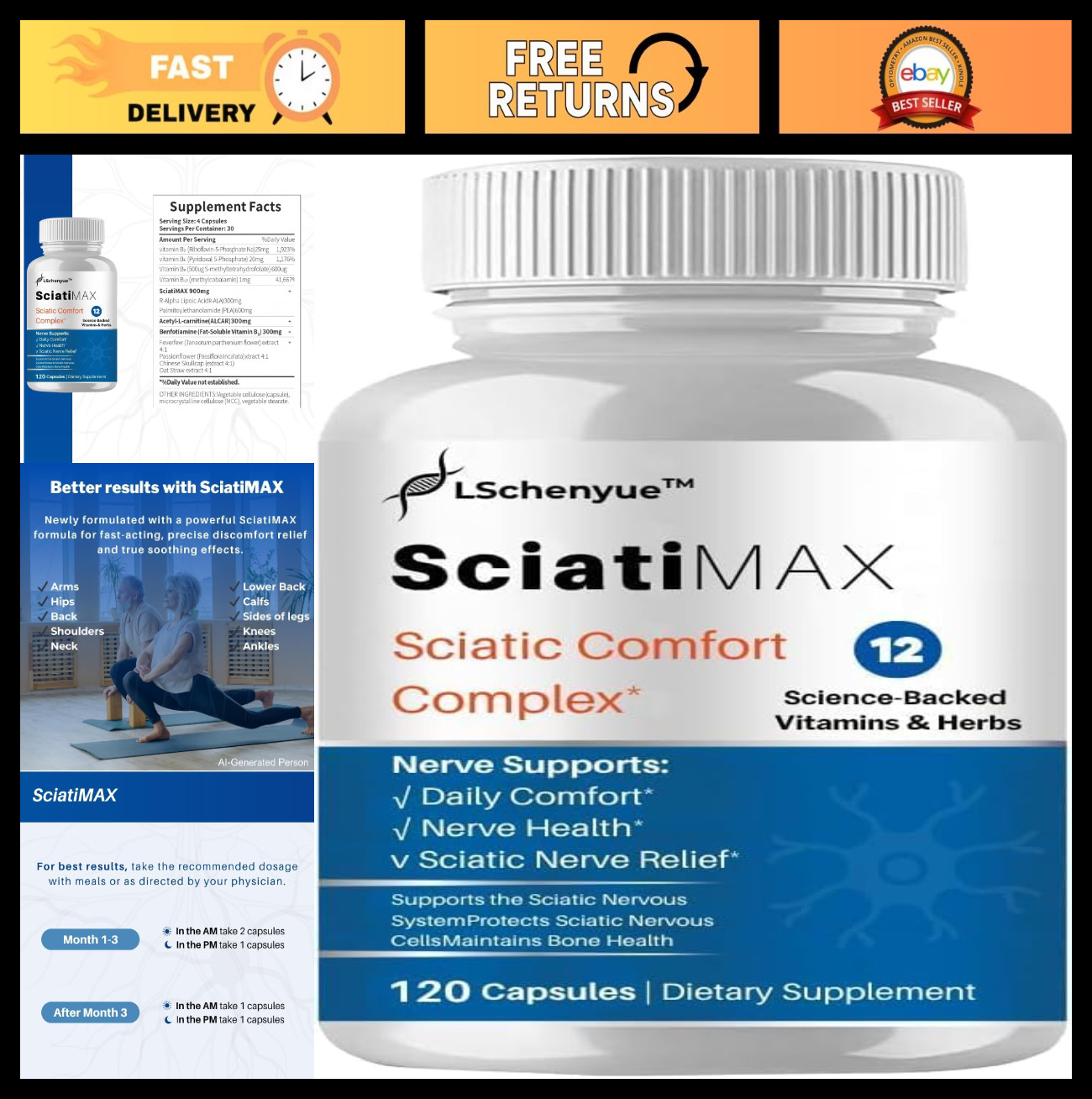 Sciatica Pain Relief – Herbal Extracts, Natural Ingredients, 120 Capsules