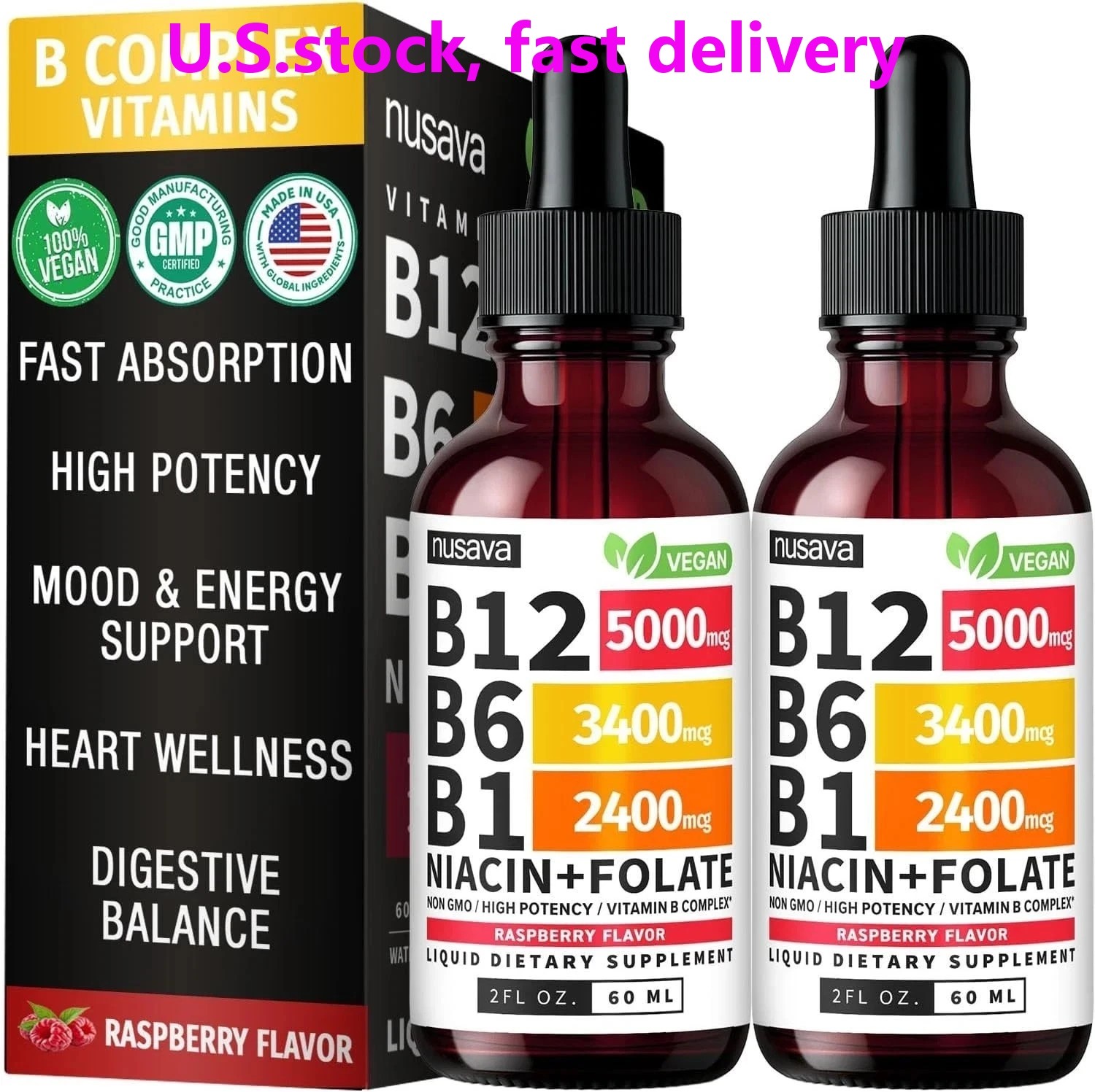 (2-Pack) Nusava B12 Drops 5000mcg – Vegan Liquid Supplement – Raspberry