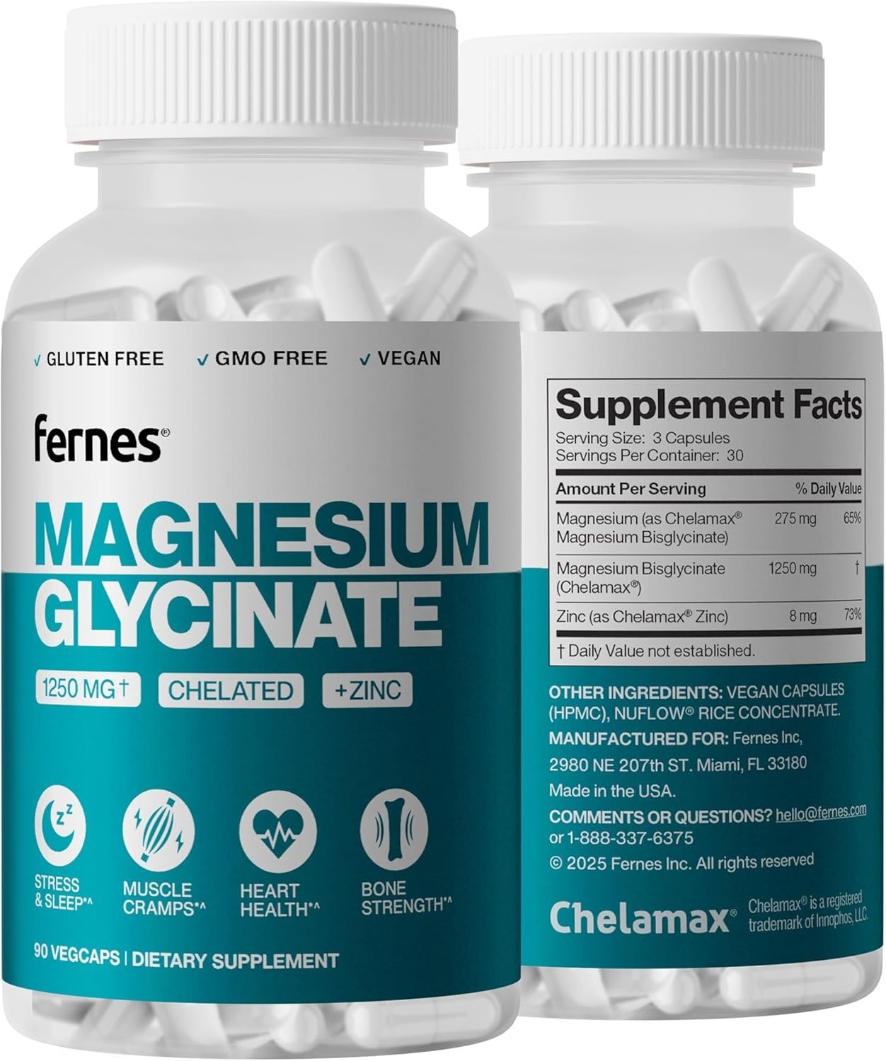 Magnesium Glycinate 1250mg with Zinc – Gentle on Stomach – Sleep, Muscle Cramp,