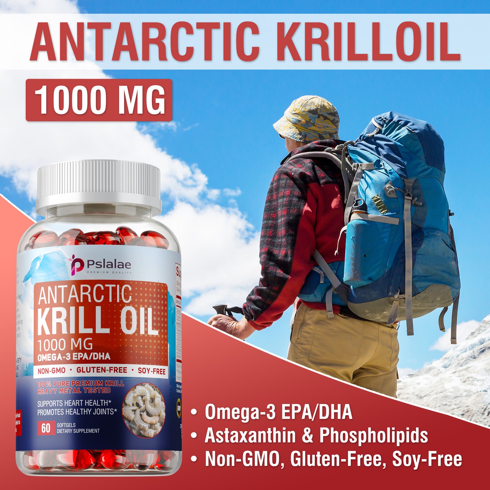 Antarctic Krill Oil 1000mg-Omega-3 EPA,DHA,Astaxanthin,Phospholipids-Brain,Heart
