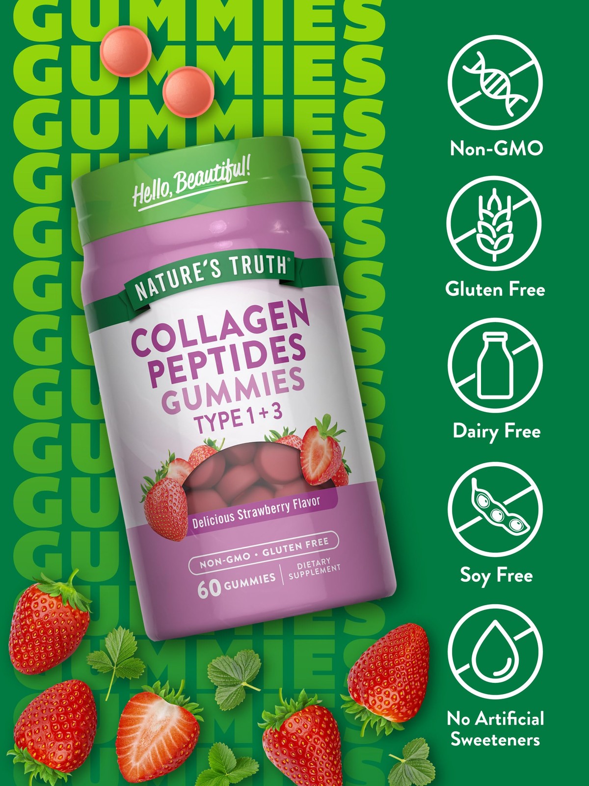 Nutritional Supplement Collagen Peptides Gummies Strawberry Flavor 60 Count