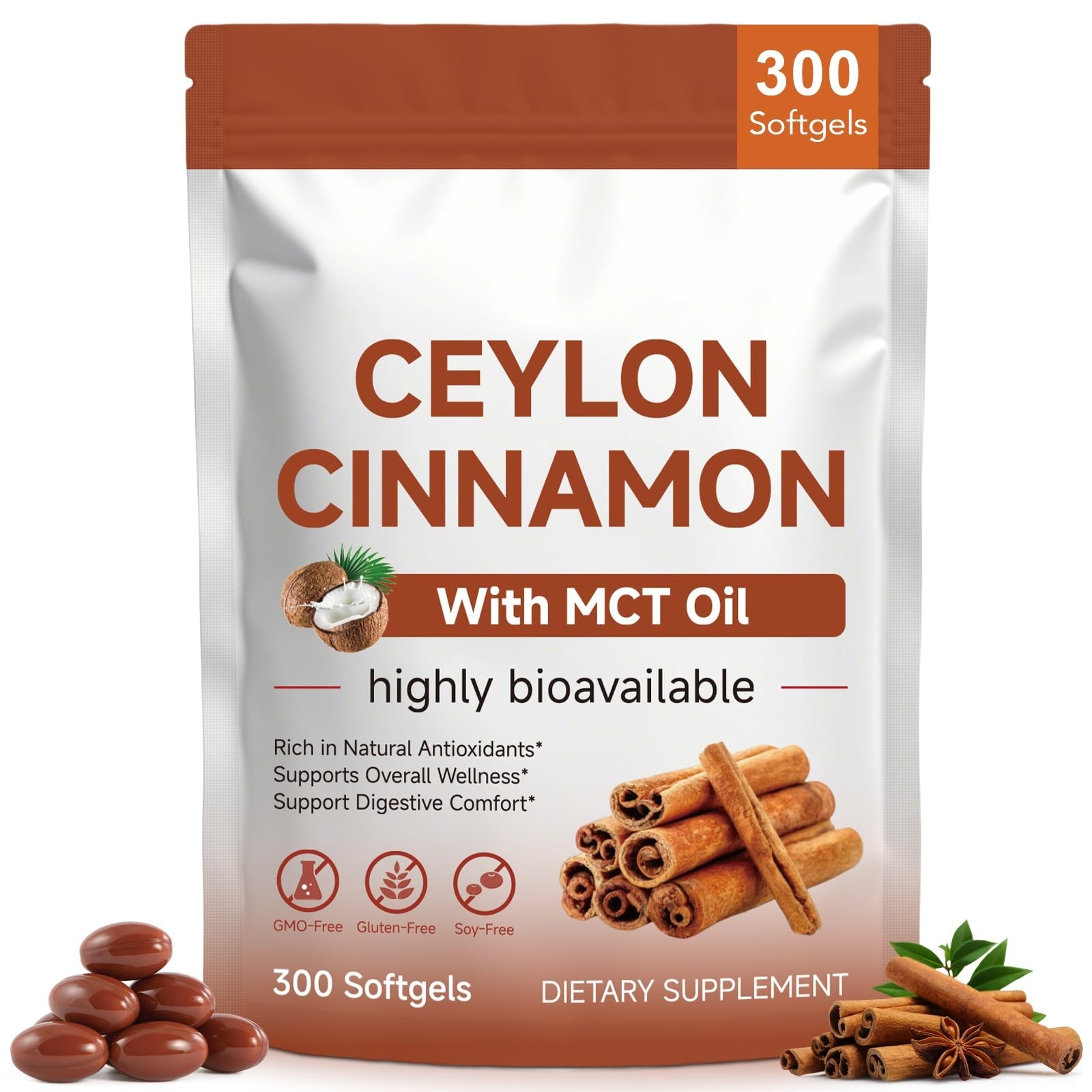 Ceylon Cinnamon Softgels with MCT Oil – 300 Count, Digestive Support, Non-GMO, G