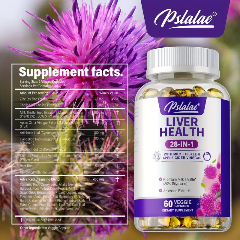 Liver Health Supplement Dandelion Milk Thistle ACV Turmeric 60 Capsules