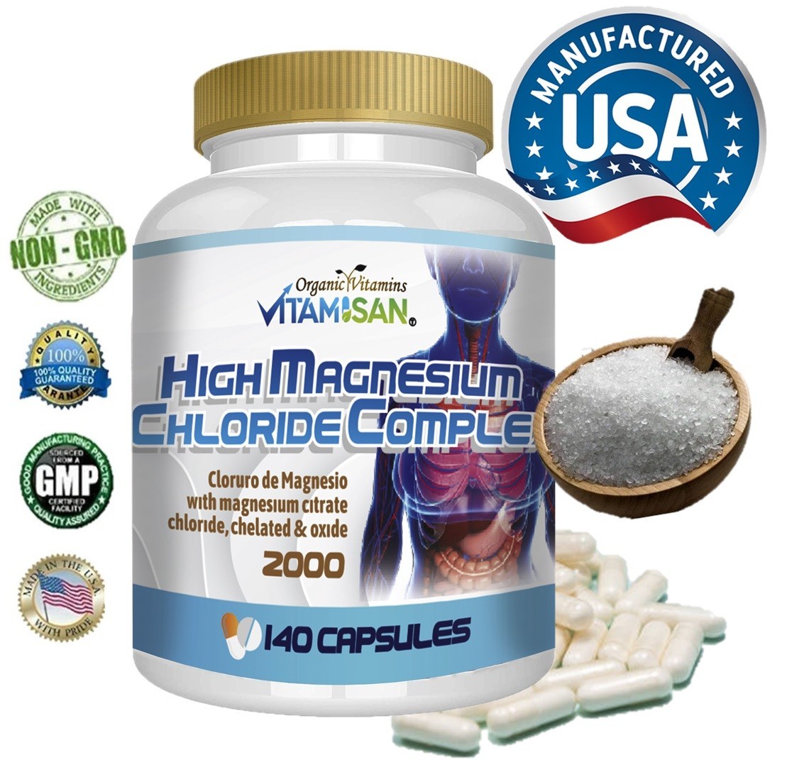 Magnesium Citrate 2000 Serving 140 Capsules High Potency Big Bottle Strong USA