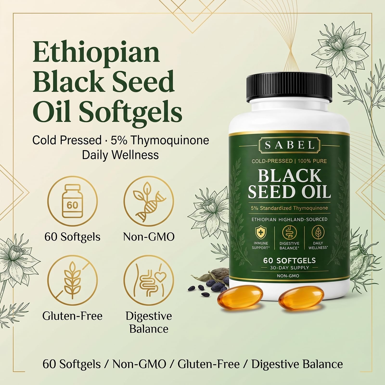 Ethiopian Black Seed Oil Softgels – Cold Pressed, Non-GMO, Gluten-Free, 60 Count
