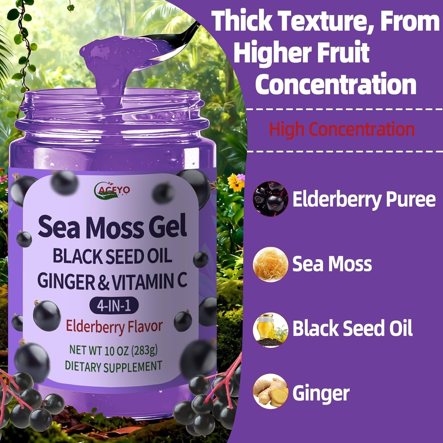 ACEYO Sea Moss Gel 4-in-1 Black Seed Oil Ginger Elderberry 10oz