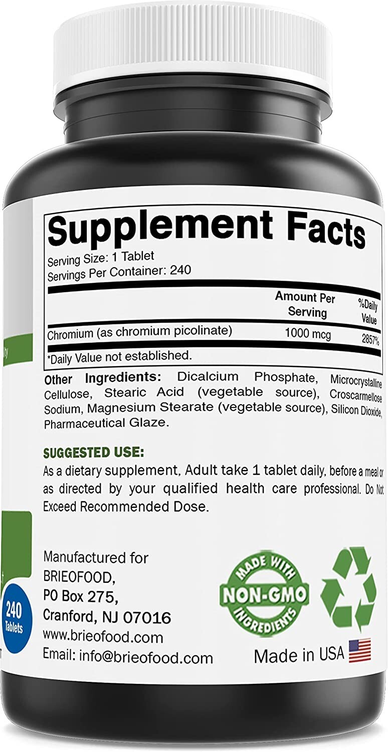 Brieofood Chromium Picolinate 1000 mcg Pills 240 Tablets