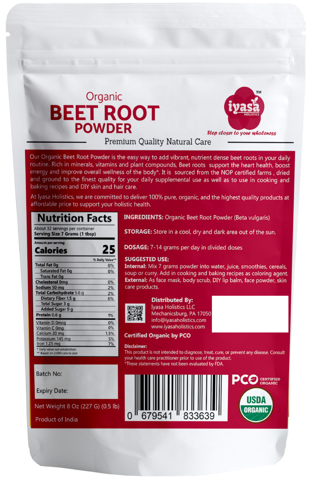 Organic Beet Root Powder (Beta vulgaris) Boost Nitric Oxide 8,16oz Premium FS&H