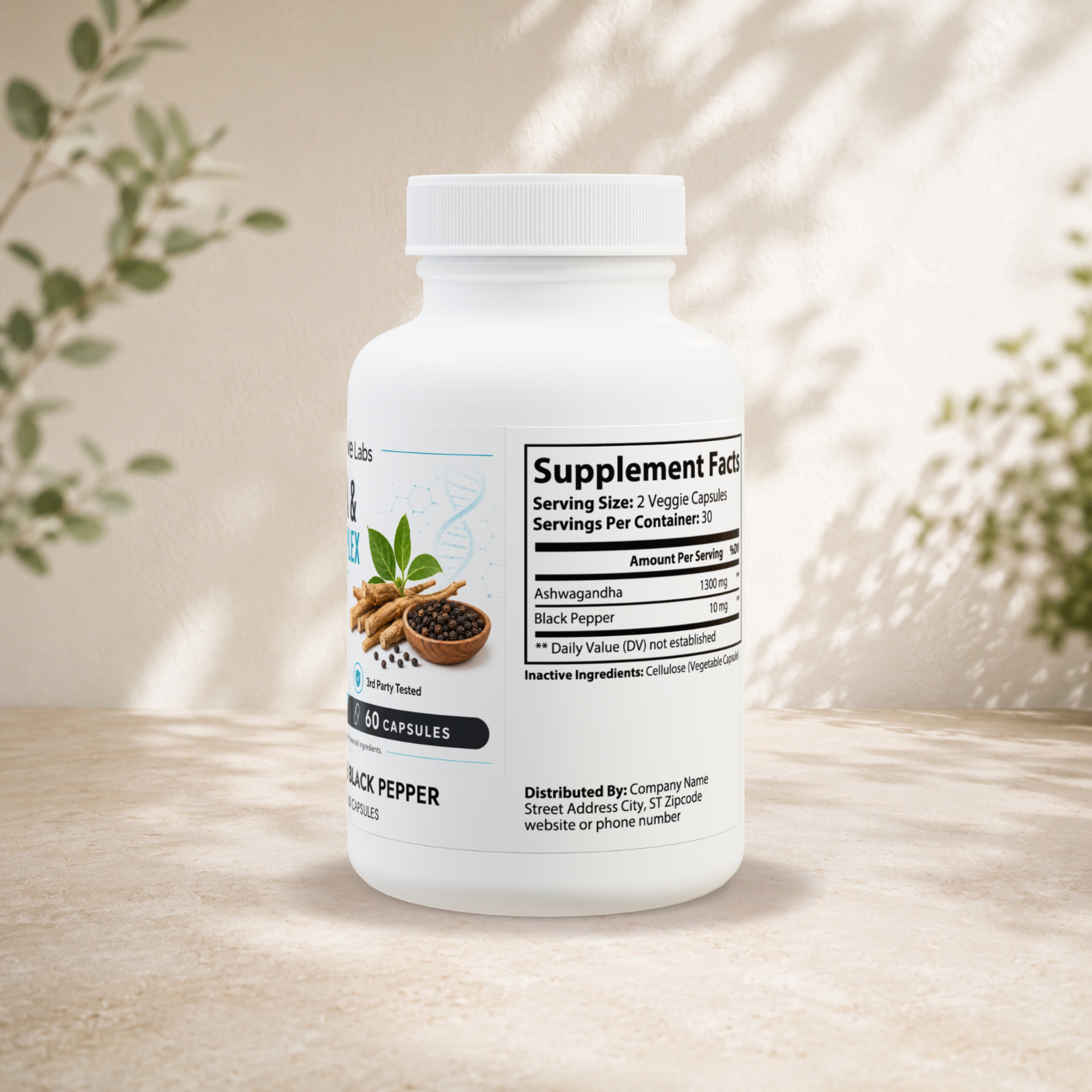 Ashwagandha Black Pepper Complex 60 Capsules Stress Support Vegan Non-GMO