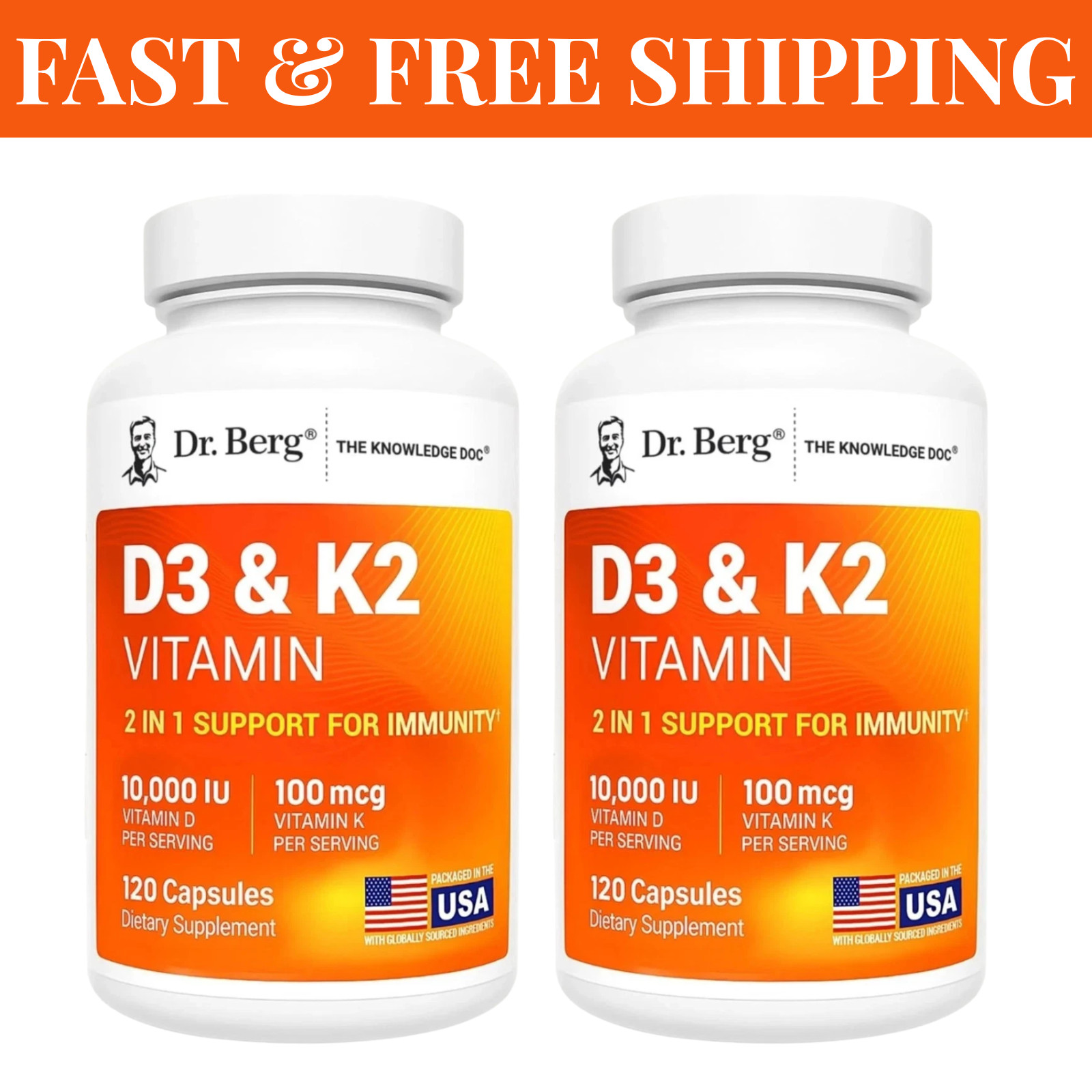 (2 Pack) Dr. Berg’s Nutritionals 100mg Vitamin D3 & K2 Supplement – 120 Capsules