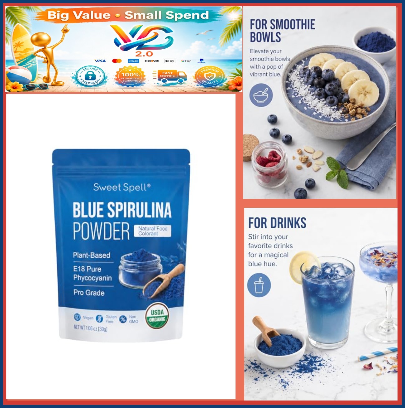 USDA Organic Blue Spirulina Powder 1oz Natural Food Coloring Vegan Gluten Free