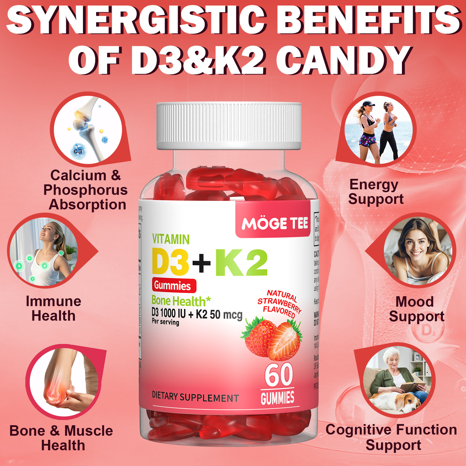 Vitamin K2 D3 Gummies Bone Immune Support Non-GMO 60-240 Count Strawberry Flavor