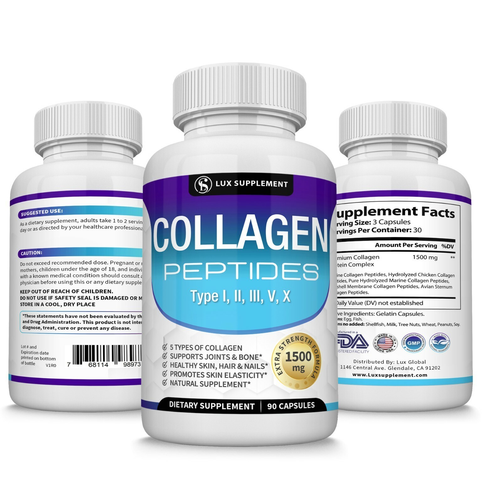 Premium Collagen Peptides 1500 MG Hydrolyzed Anti-Aging (Types I,II,III,V,X)*