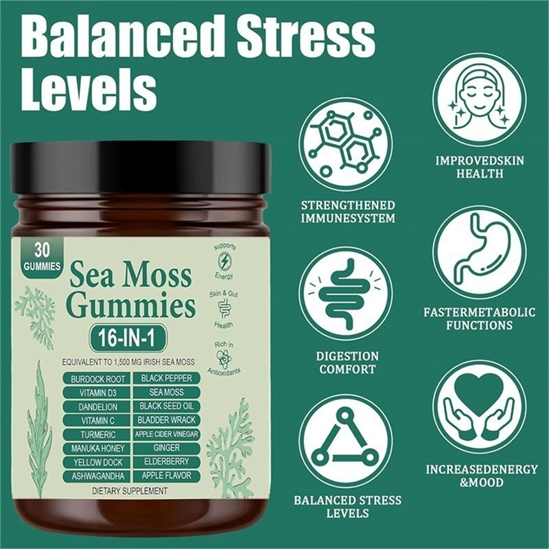 3PCS 16 in 1 Organic Sea Moss Gummy Irishmoss Extract 6000Mg Apple Flavor US
