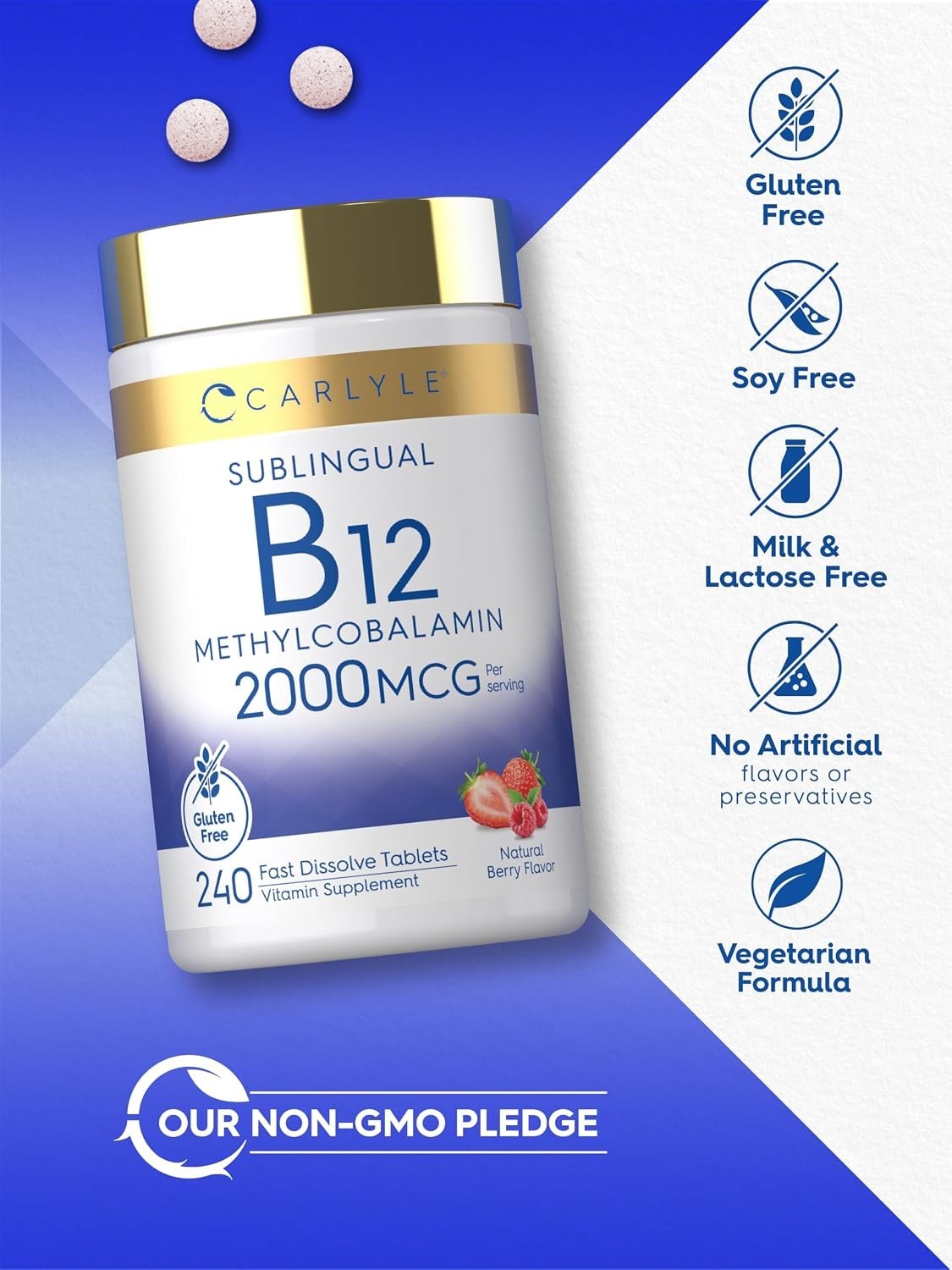 Sublingual B12 Methylcobalamin 2000mcg 240 Fast Dissolve Energy Brain Berry Vega