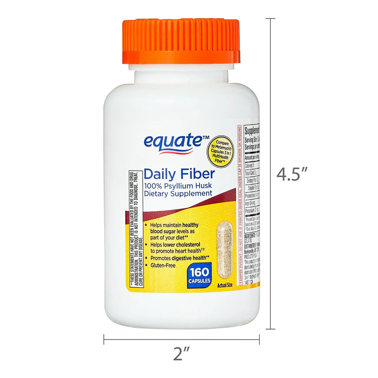 Equate 100% Psyllium Husk Daily Fiber Dietary Supplement Capsules, 160 Ct