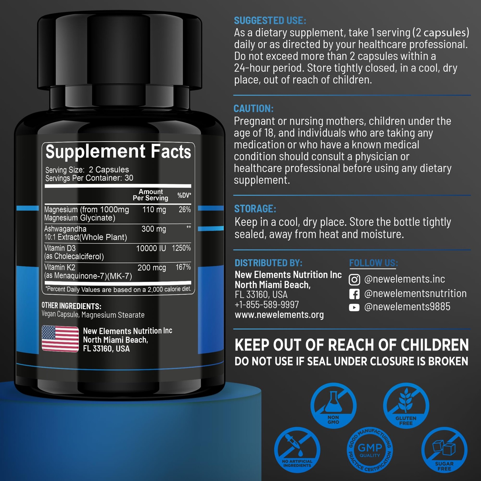 Magnesium Glycinate 1500mg with Ashwagandha 300mg + Vitamin D3 10000 IU & K2 …