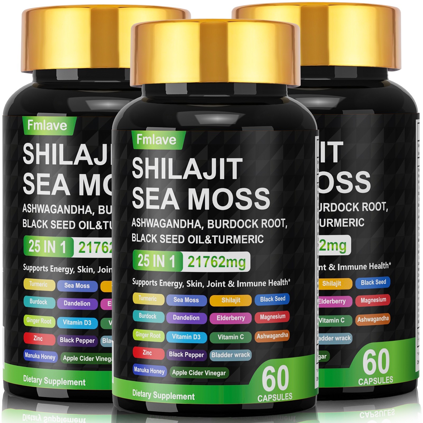 Sea Moss, Black Seed Oil, Ashwagandha, Turmeric Ginger Shilajit Burdock 60 caps