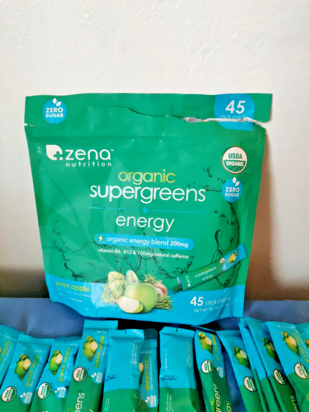 Zena Organic Supergreens Plus Energy Apple 45 Stick Exp: 7/2027 – Open Bag