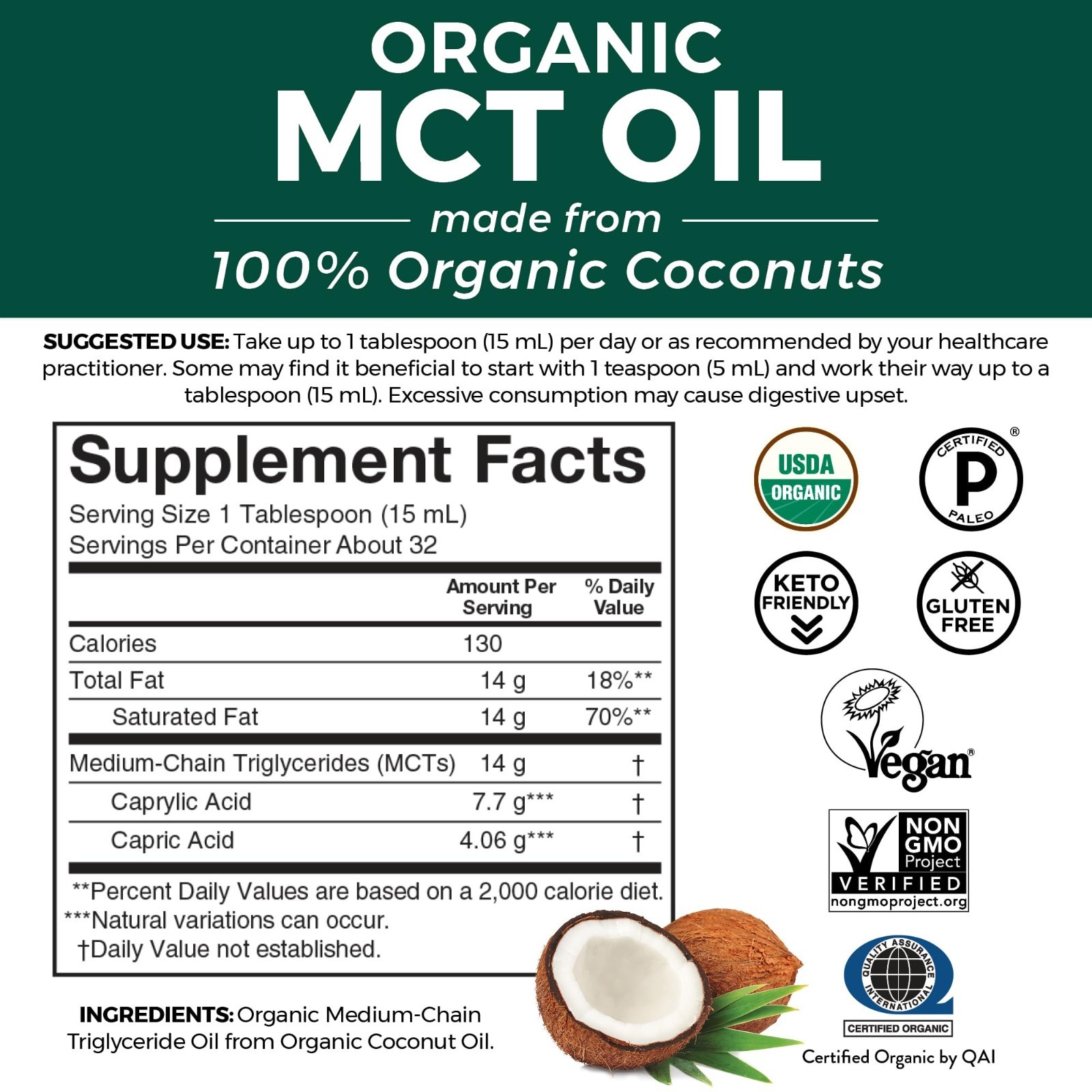 Organic MCT Oil 32 fl oz – Keto & Paleo Friendly, Non-GMO, Boosts Energy & Focus