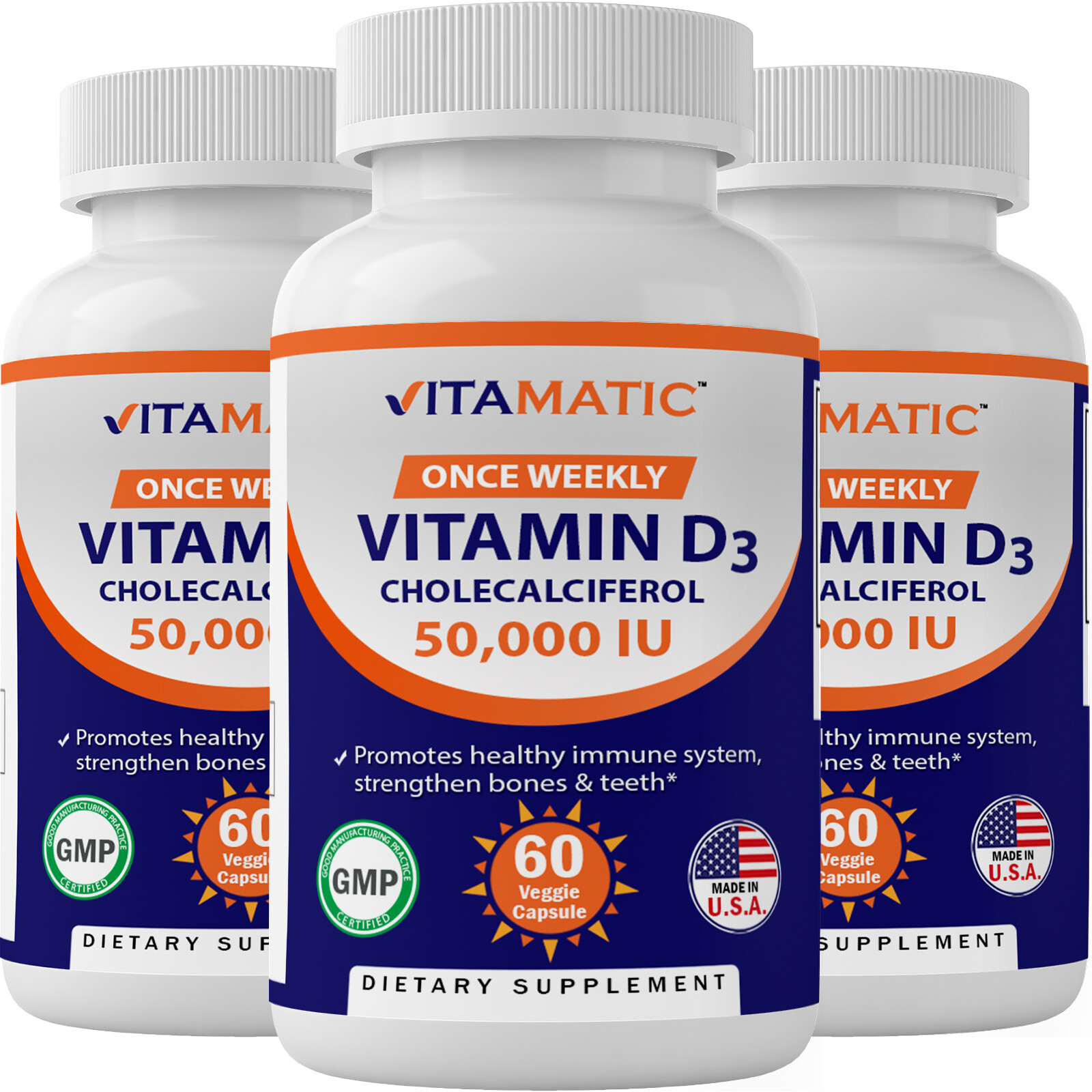3 Pack – Vitamatic Vitamin D3 50,000 IU (as Cholecalciferol) 60 Veggie Capsules