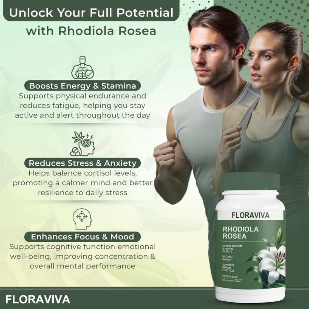 NEW Non-GMO Floraviva Rhodiola Rosea Capsules for Stress Relief & Energy