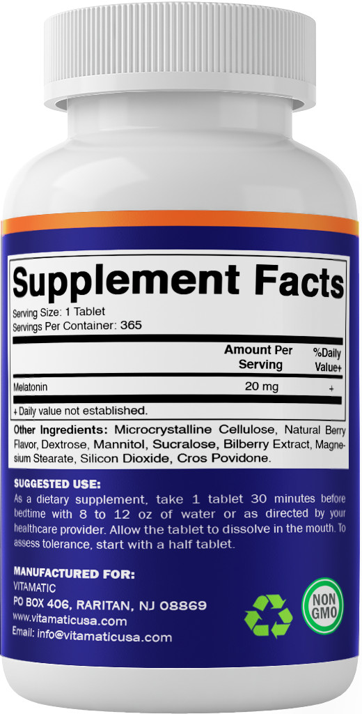 Vitamatic Melatonin 20mg – 1 Year Supply | Natural Berry Flavor – 365 Tablets