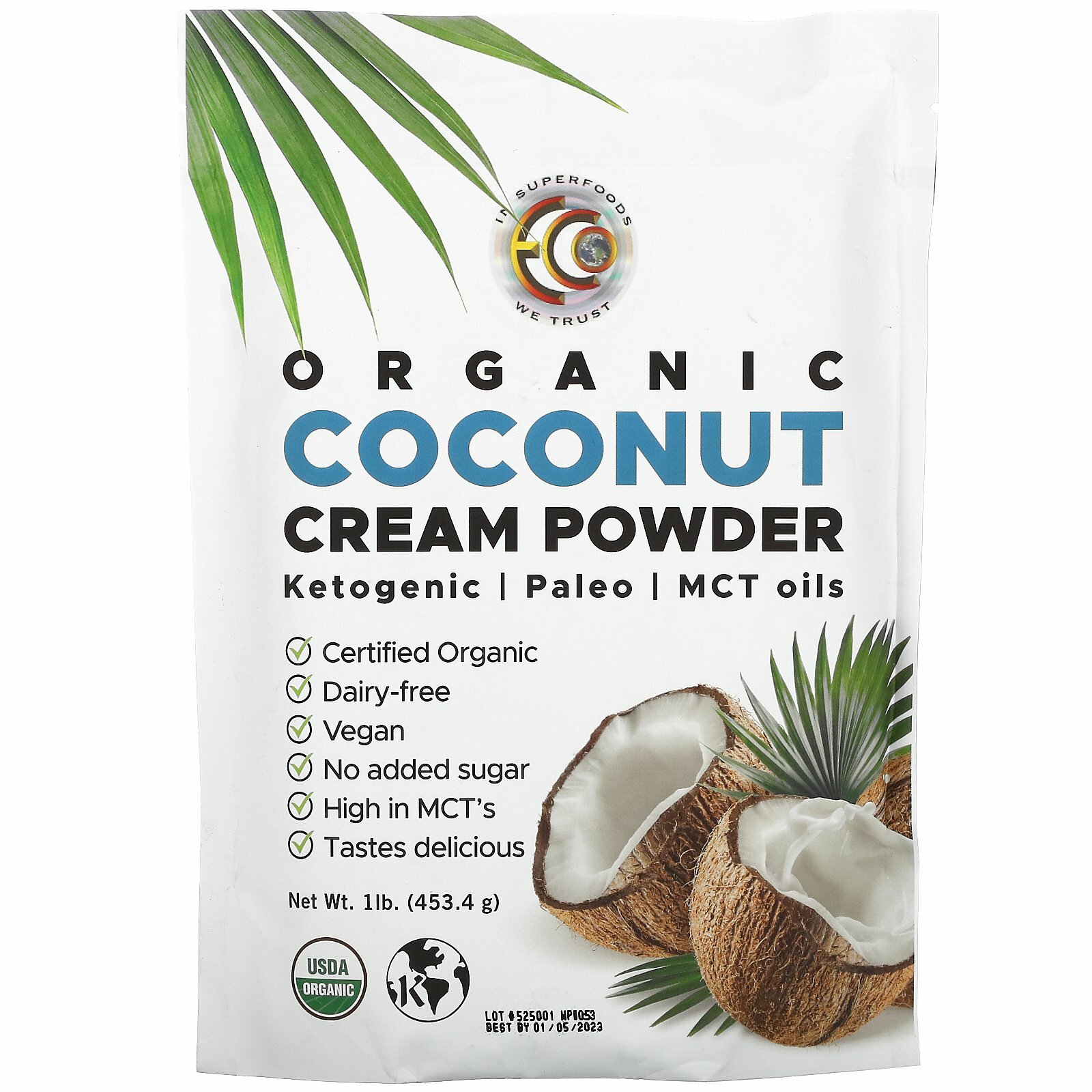Earth Circle Organics Organic Coconut Cream Powder 1 lb 453 5 g Kosher, Organic