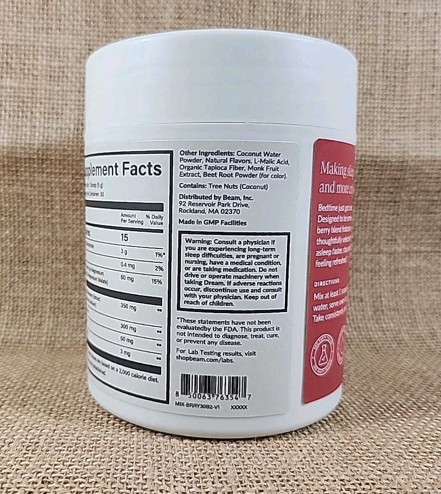 Beam Dream Cherry Berry Sleep Aid L-Theanine Melatonin Apigenin Magnesium 5.29oz