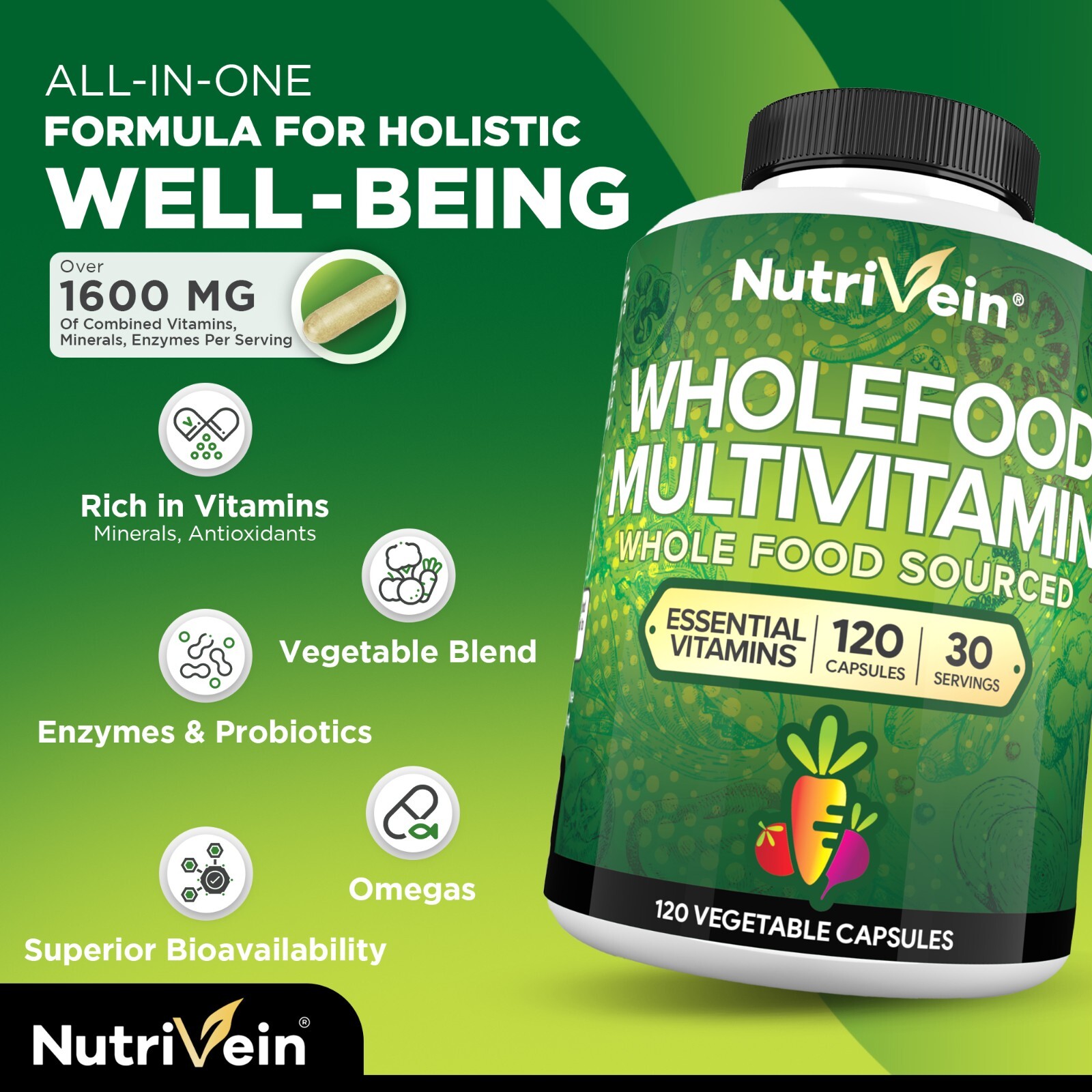 Nutrivein Whole Food Multivitamin – Complete Daily Vitamins For Men and Women