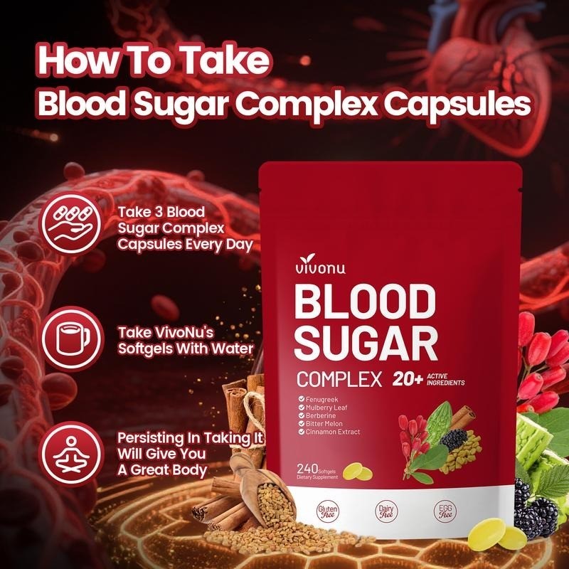 1-3 PCS Vivonu Blood Sugar Complex with 20+ Active Ingredients – 240 Softgels
