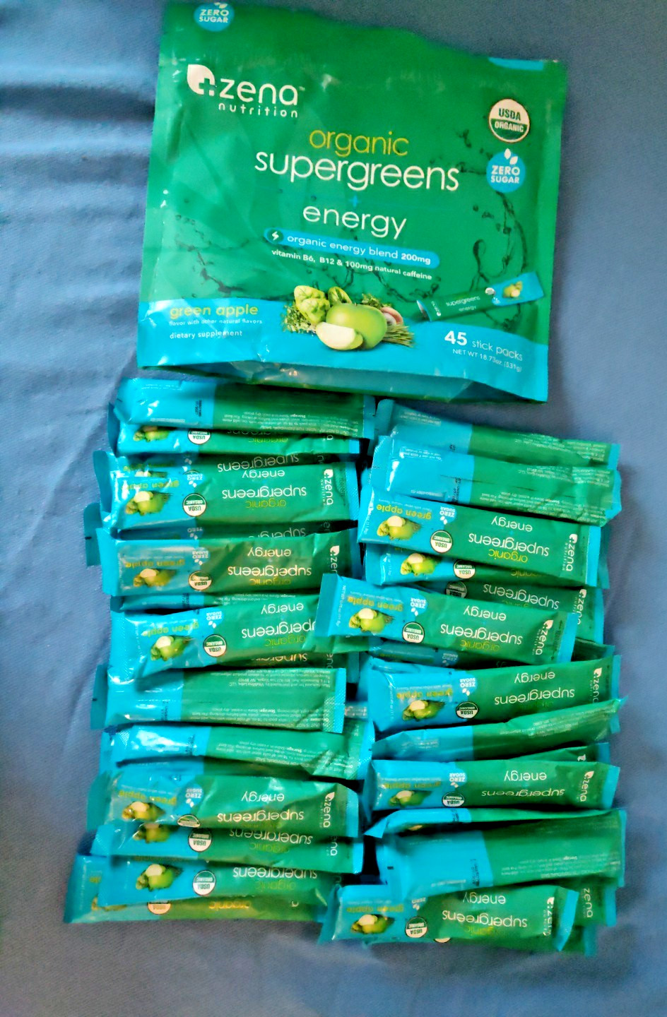 Zena Organic Supergreens Plus Energy Apple 45 Stick Exp: 7/2027 – Open Bag
