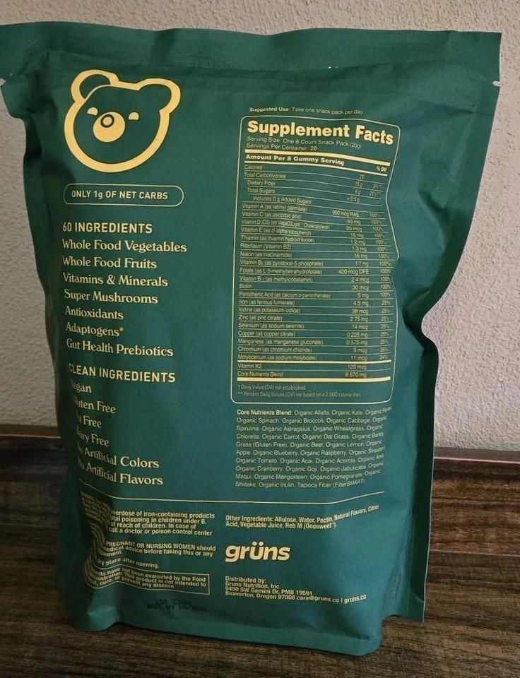 Gruns Adults Super Greens Gummies, SUGAR free Superfood Gummy Bears 28 Packs