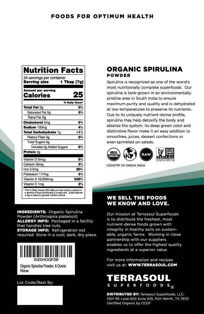 Terrasoul Superfoods Organic Spirulina Powder 6 Ounce Gluten Free Vegan Suppl…