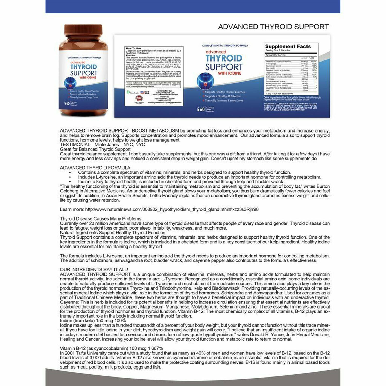 Advanced Thyroid Support Supplement with Iodine Dietary 60 Caps Free Shipping