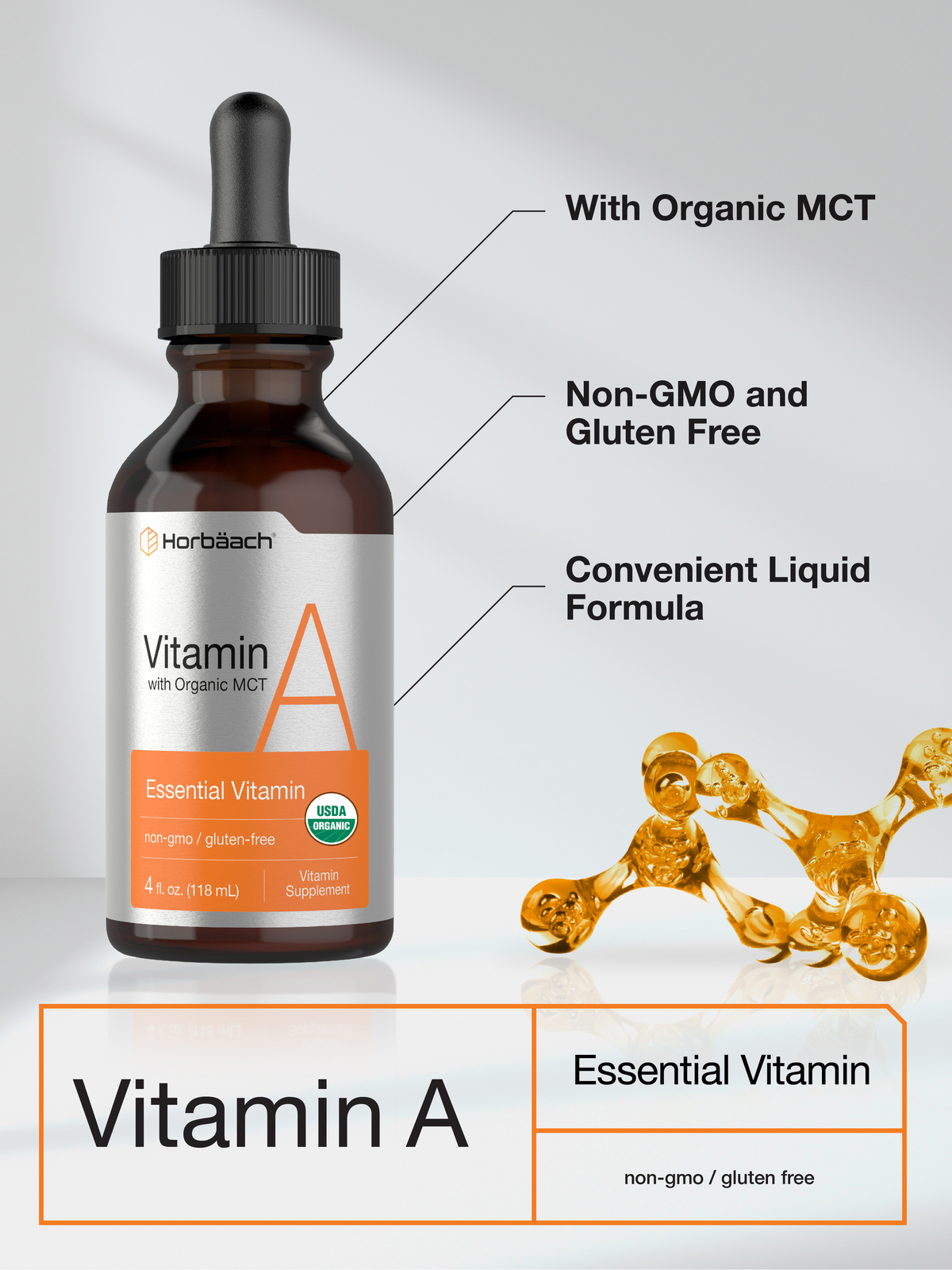 Vitamin A Liquid Drops | 4 fl oz Supplement | with Organic MCT | by Horbaach