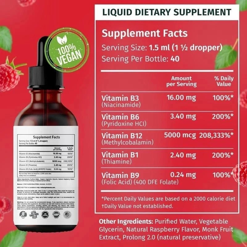 (2-Pack) Nusava B12 Drops 5000mcg – Vegan Liquid Supplement – Raspberry