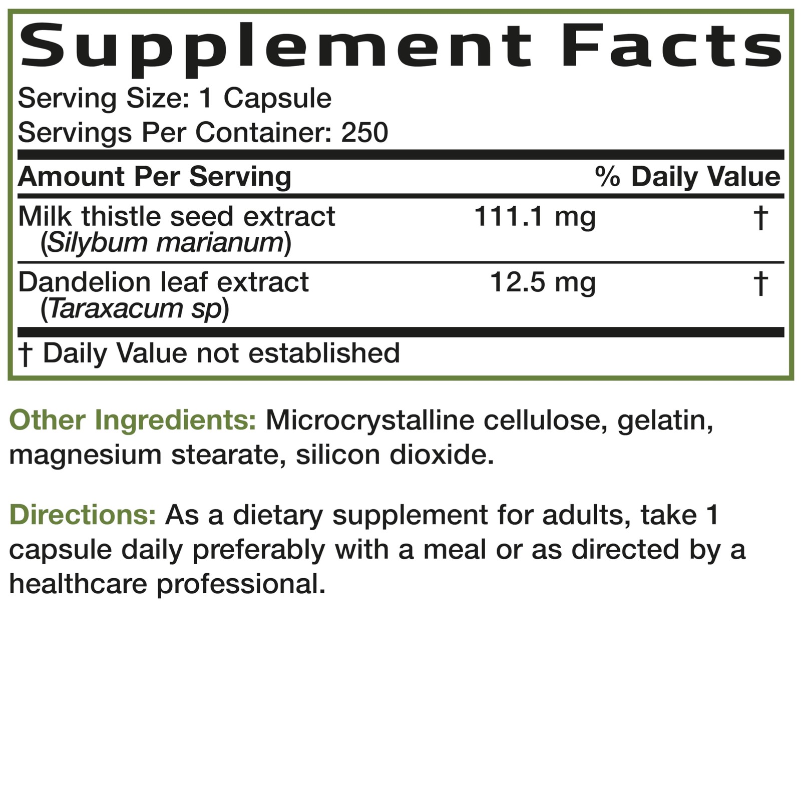 Bronson Milk Thistle Silymarin Marianum & Dandelion 250 Count (Pack of 1)